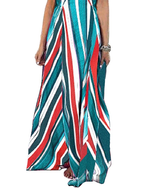 Women Bohemian Sleeveless Strap Stripe Swing Long Maxi Dress - Image 3