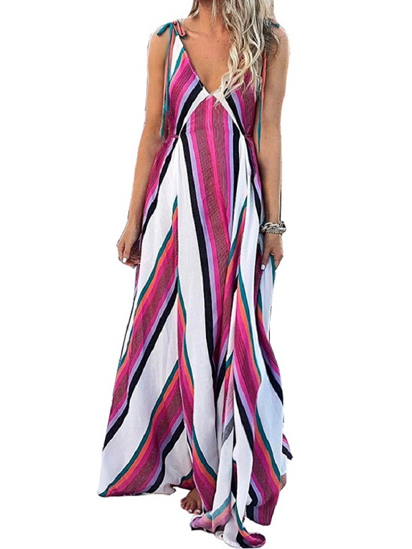 Women Bohemian Sleeveless Strap Stripe Swing Long Maxi Dress - Image 4