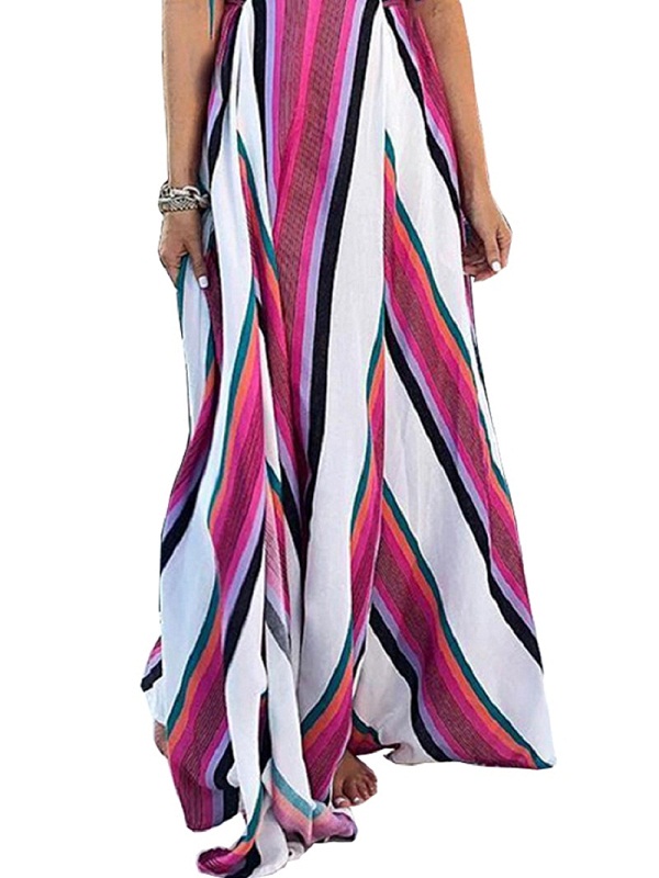 Women Bohemian Sleeveless Strap Stripe Swing Long Maxi Dress - Image 6