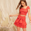 Women Bohemian Smocked Crop Top And Tie Waist Layered Ruffle Skirt Set