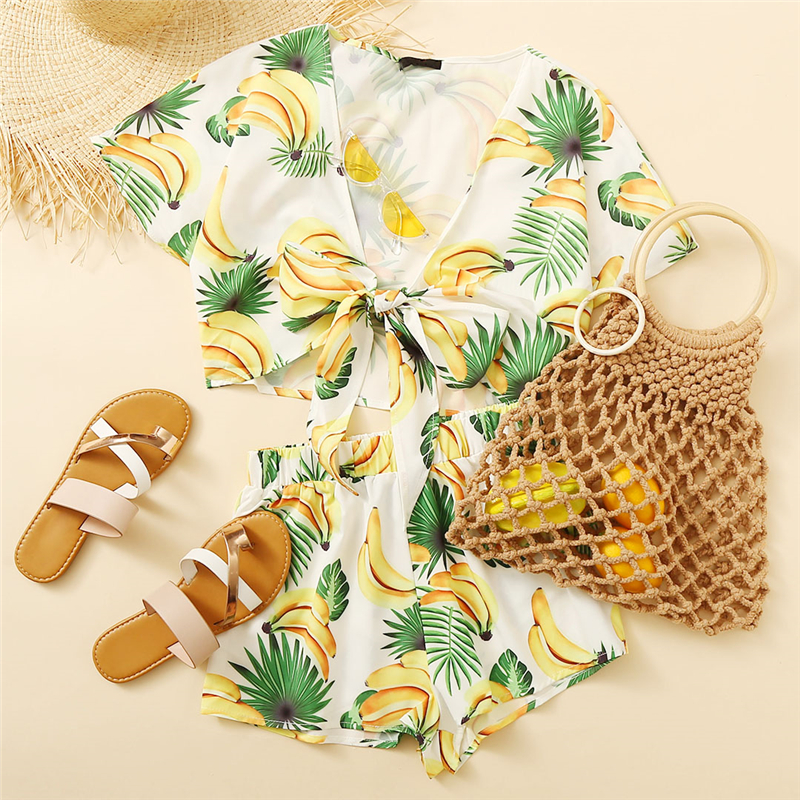 Women Boho Beach Knot Front Fruit Print Crop Top And Shorts Sets - Image 2