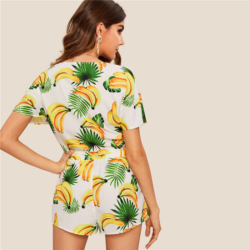 Women Boho Beach Knot Front Fruit Print Crop Top And Shorts Sets - Image 5