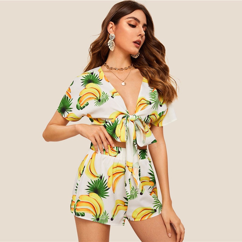 Women Boho Beach Knot Front Fruit Print Crop Top And Shorts Sets - Image 3