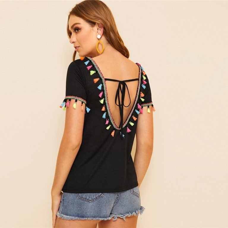 Women Boho Colorful Tassel Trim Knot  V-Back T-Shirt Tops