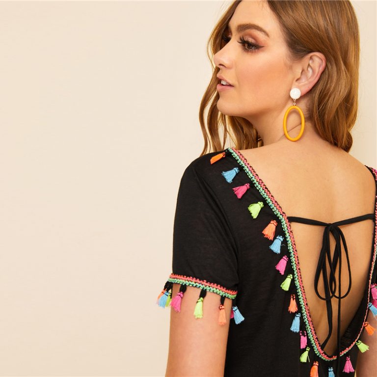 Women Boho Colorful Tassel Trim Knot  V-Back T-Shirt Tops - Image 5