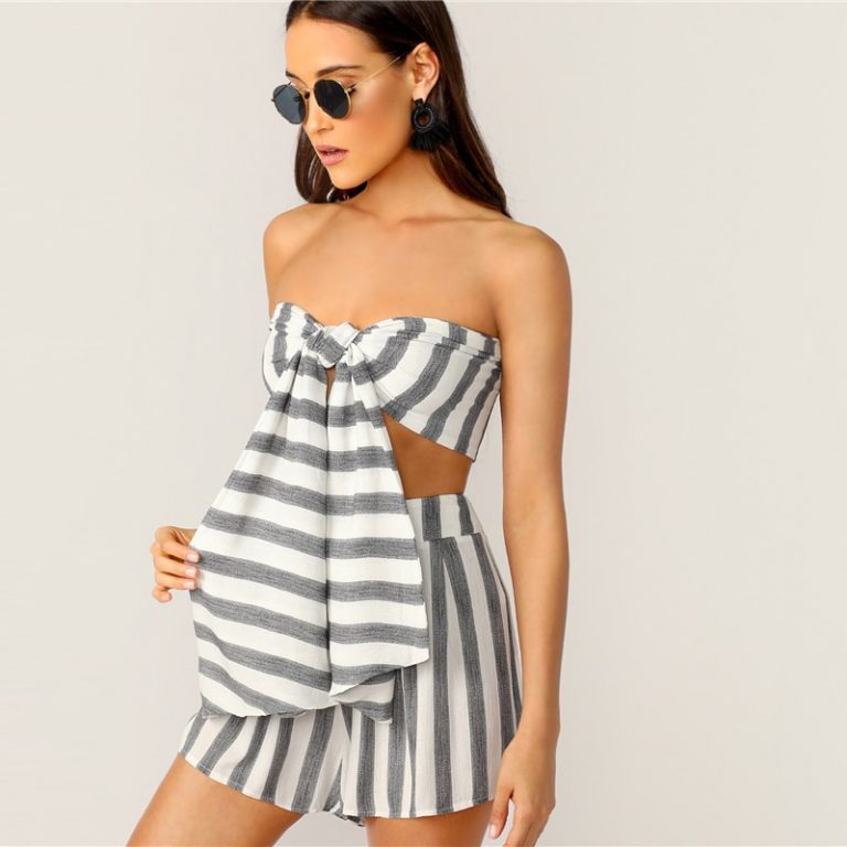 Women Boho Knotted Front Striped Strapless Tube Crop Top and Shorts Set - Image 4