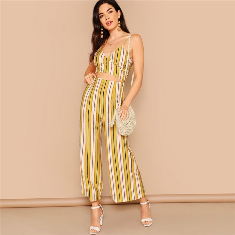 Women Boho Striped Crop Wrap Cami and Wide Leg Pants Set