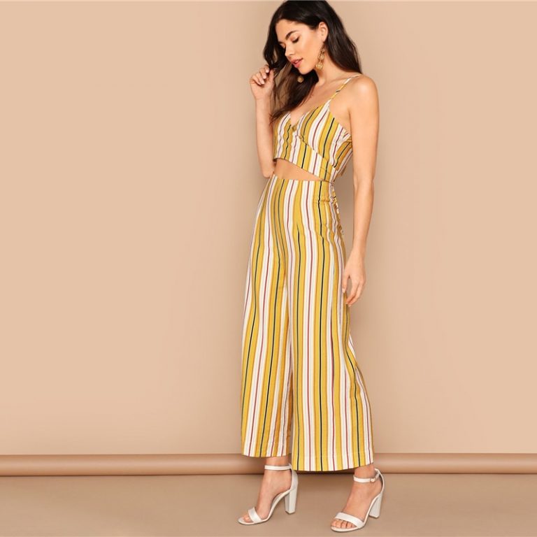 Women Boho Striped Crop Wrap Cami and Wide Leg Pants Set - Image 2