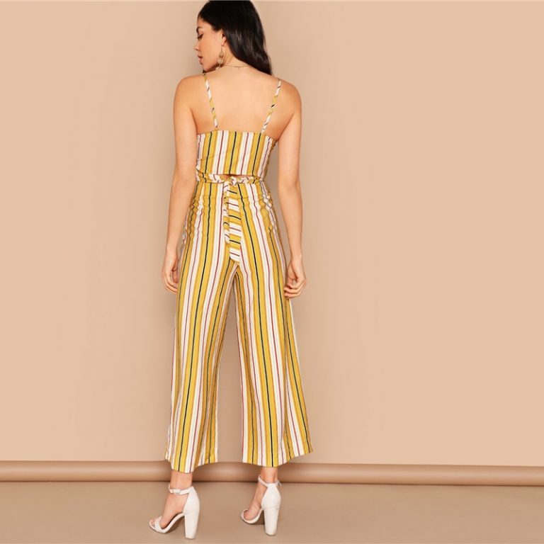 Women Boho Striped Crop Wrap Cami and Wide Leg Pants Set - Image 3