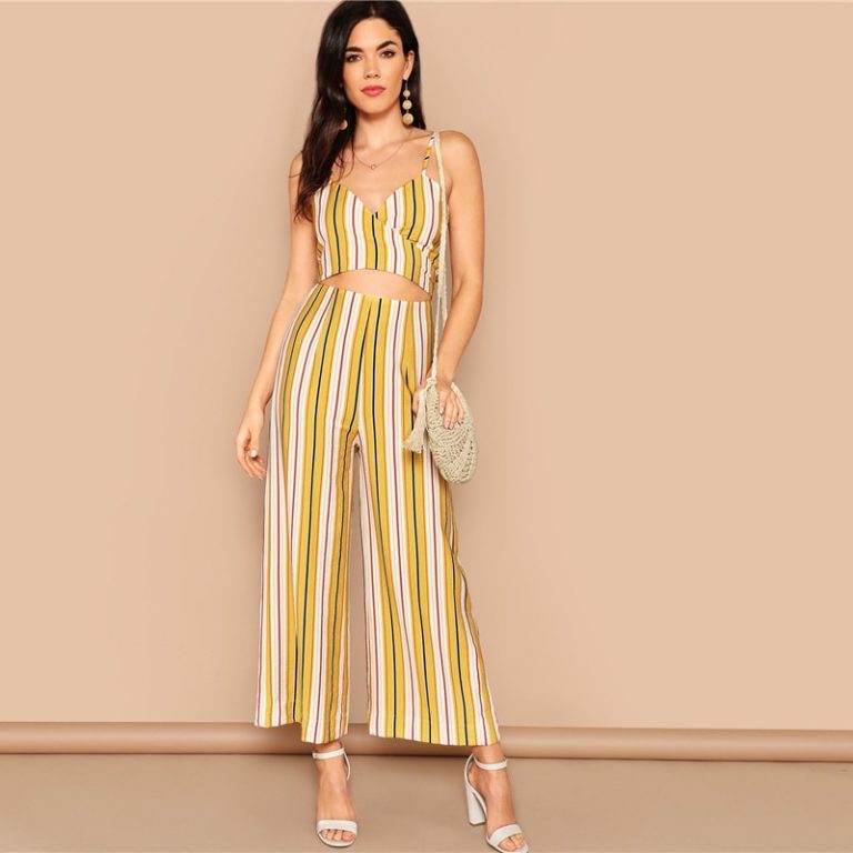Women Boho Striped Crop Wrap Cami and Wide Leg Pants Set - Image 5