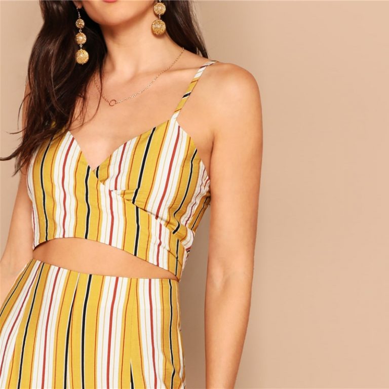 Women Boho Striped Crop Wrap Cami and Wide Leg Pants Set - Image 4