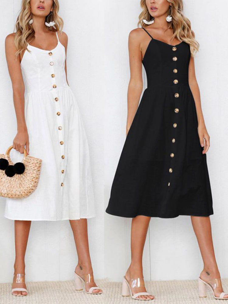 Women Casual Backless Button Decoration Dress Party Midi Dresses