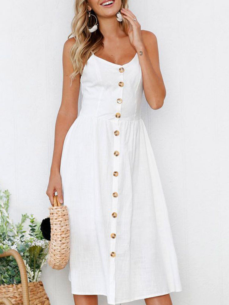 Women Casual Backless Button Decoration Dress Party Midi Dresses - Image 2