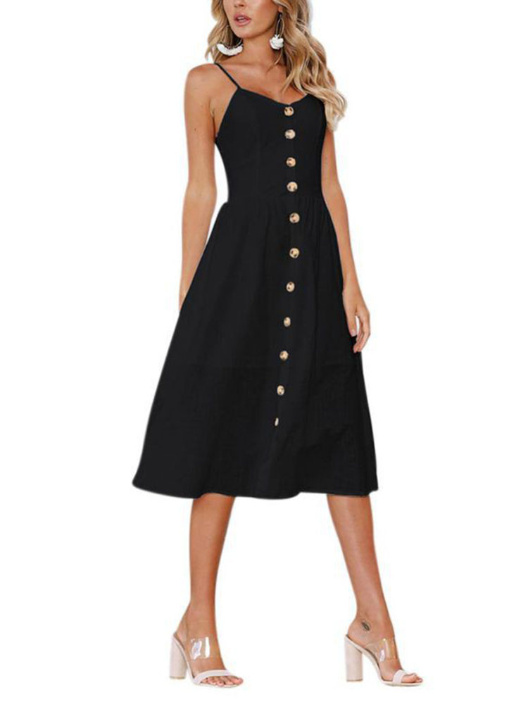Women Casual Backless Button Decoration Dress Party Midi Dresses - Image 3