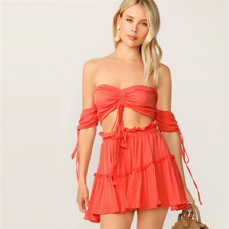Women Drawstring Crop Bardot Top With Tiered Skirt Set - Image 9