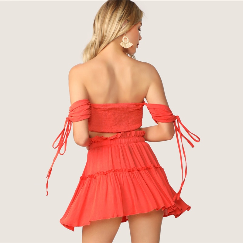 Women Drawstring Crop Bardot Top With Tiered Skirt Set - Image 8