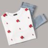 Women Embroidery Floral Modern Lady Round Neck Ruffle Cuff Top Tees - Image 2