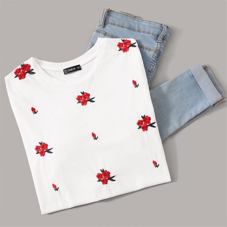 Women Embroidery Floral Modern Lady Round Neck Ruffle Cuff Top Tees - Image 2