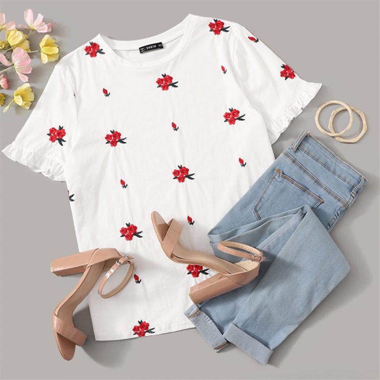 Women Embroidery Floral Modern Lady Round Neck Ruffle Cuff Top Tees - Image 3