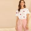 Women Embroidery Floral Modern Lady Round Neck Ruffle Cuff Top Tees