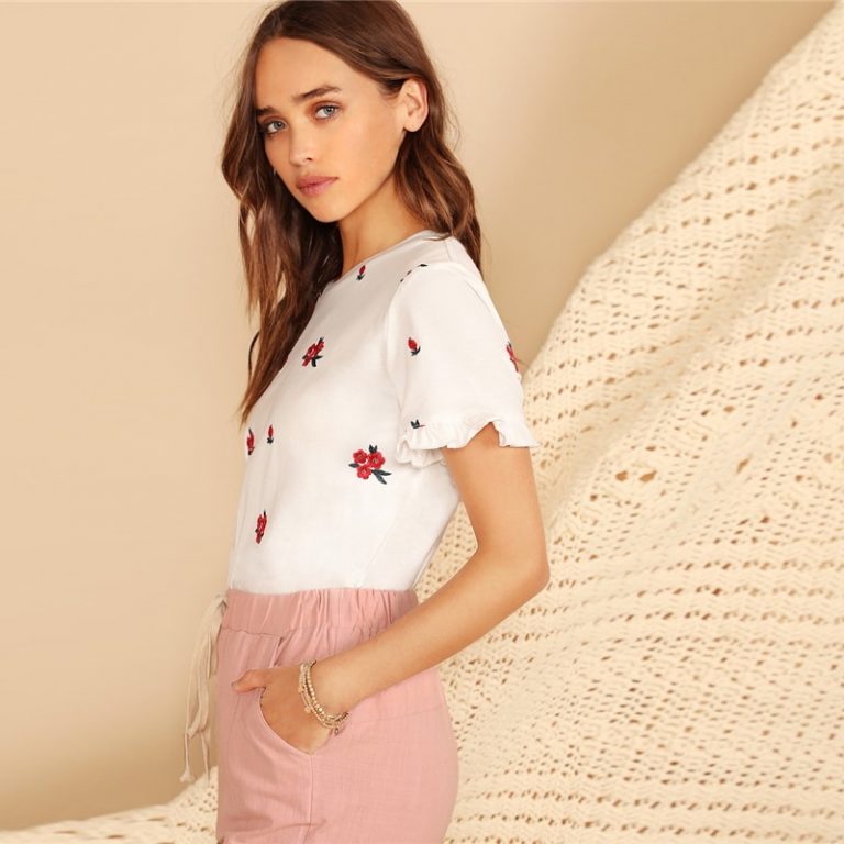 Women Embroidery Floral Modern Lady Round Neck Ruffle Cuff Top Tees - Image 5