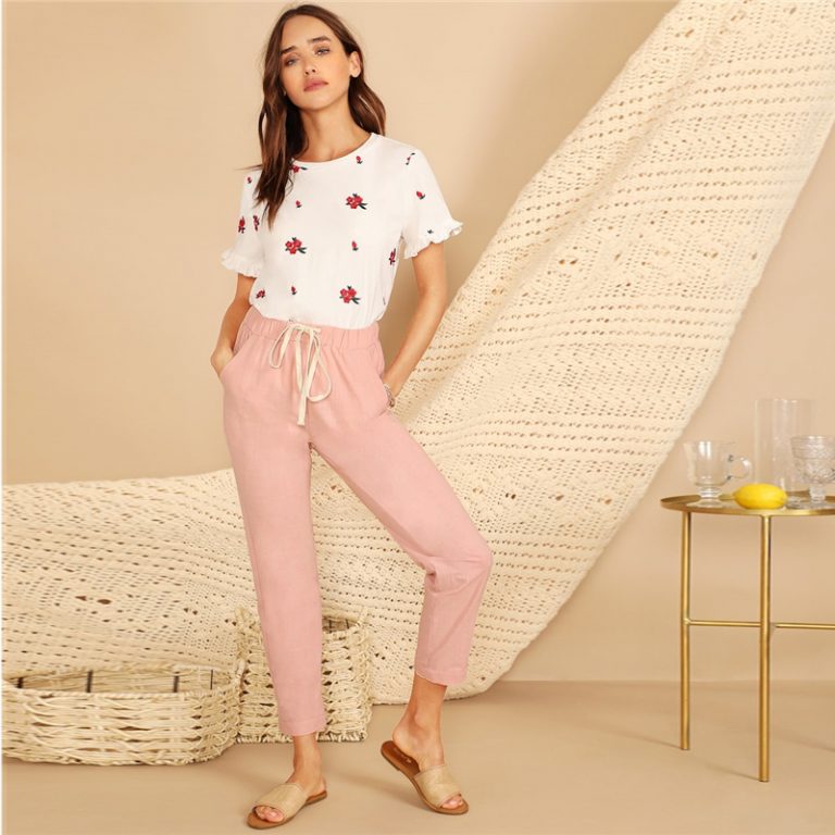 Women Embroidery Floral Modern Lady Round Neck Ruffle Cuff Top Tees - Image 6