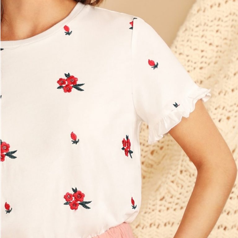Women Embroidery Floral Modern Lady Round Neck Ruffle Cuff Top Tees - Image 7