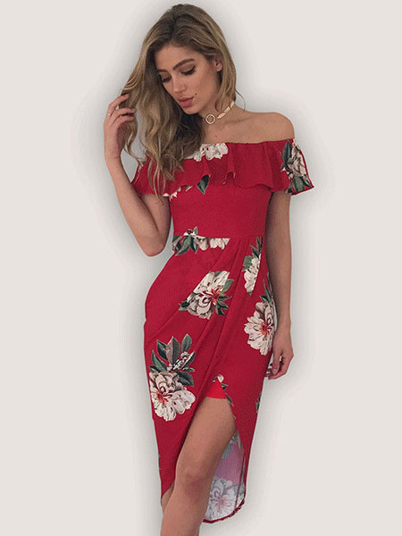 Women Floral Printed Off The Shoulder Short Sleeve Slim Fit Dress