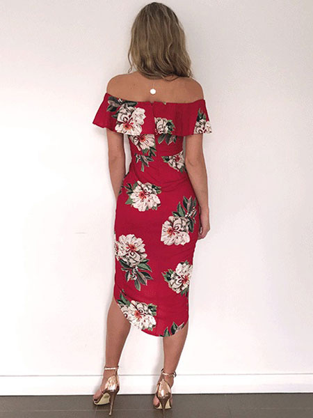 Women Floral Printed Off The Shoulder Short Sleeve Slim Fit Dress - Image 5