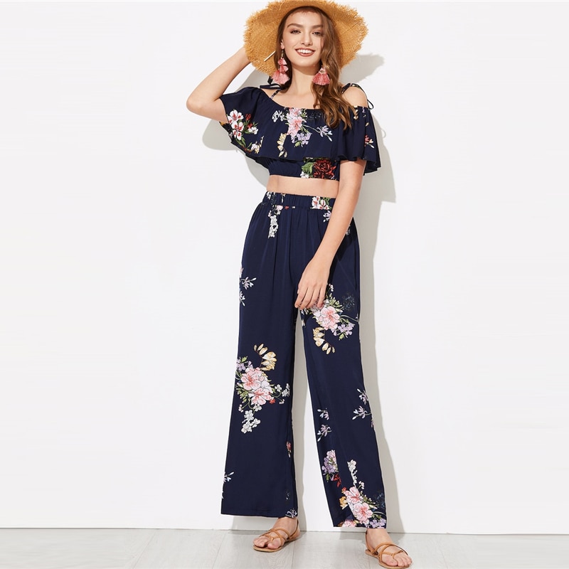 Women Flounce Foldover Top and Wide Leg Pants Set