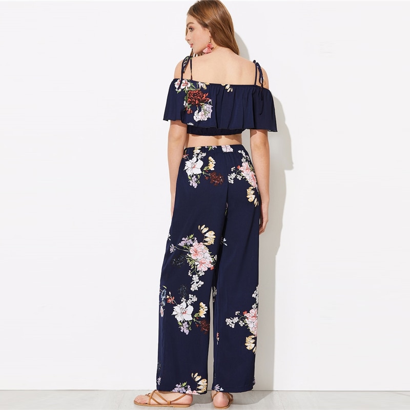 Women Flounce Foldover Top and Wide Leg Pants Set - Image 2