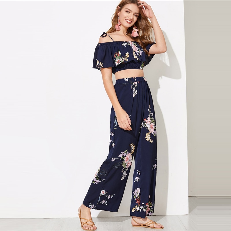 Women Flounce Foldover Top and Wide Leg Pants Set - Image 4