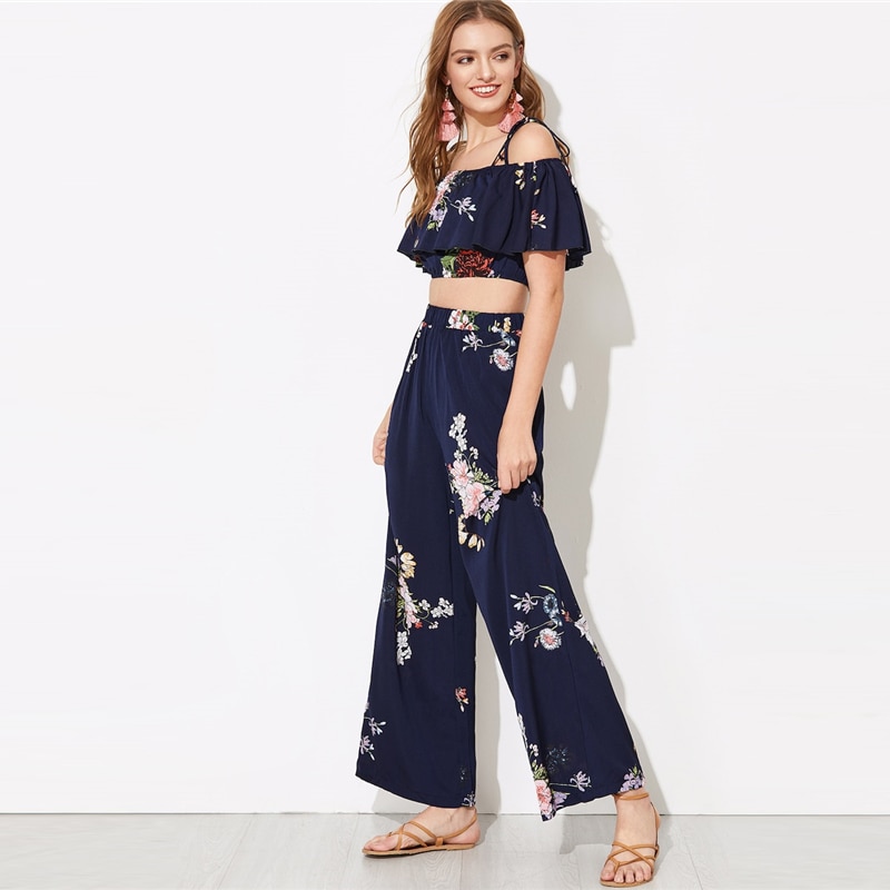 Women Flounce Foldover Top and Wide Leg Pants Set - Image 3