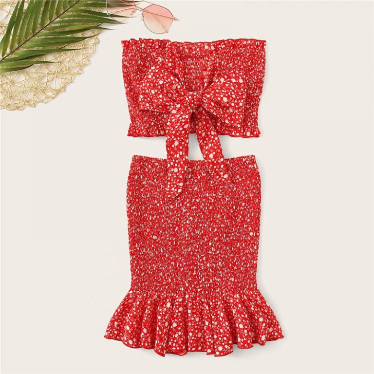 Women Frilled Trim Bow Knot Dot Bandeau Crop Top And Skirt
