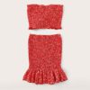 Women Frilled Trim Bow Knot Dot Bandeau Crop Top And Skirt - Image 2