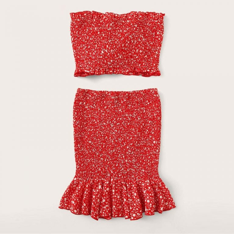 Women Frilled Trim Bow Knot Dot Bandeau Crop Top And Skirt - Image 2