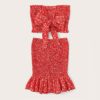 Women Frilled Trim Bow Knot Dot Bandeau Crop Top And Skirt - Image 3
