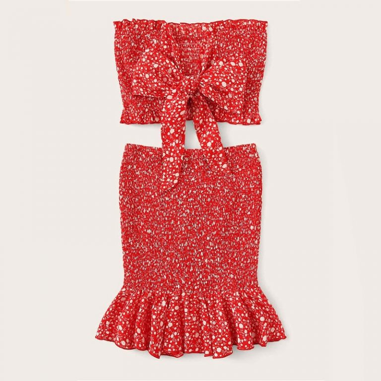 Women Frilled Trim Bow Knot Dot Bandeau Crop Top And Skirt - Image 3