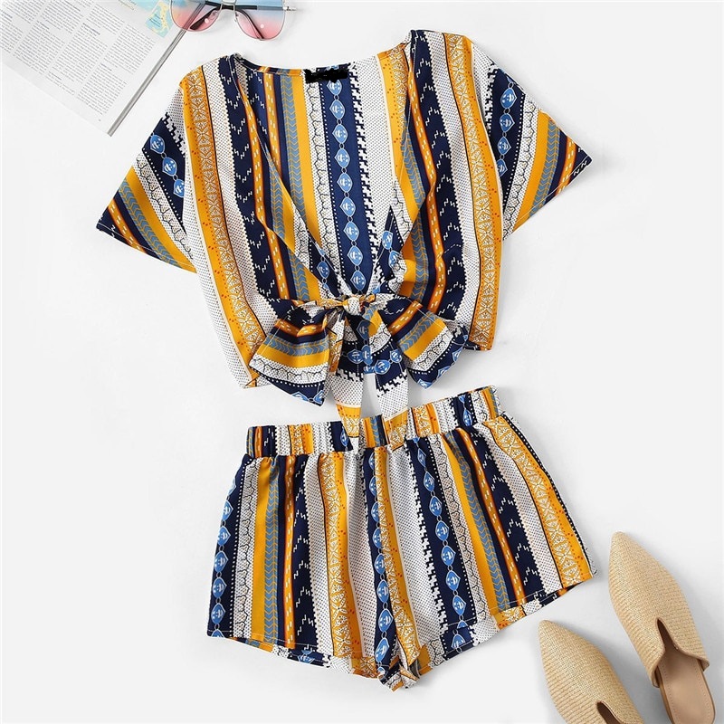 Women Geometric Print Bow Knot Deep V Neck Crop Top And Shorts