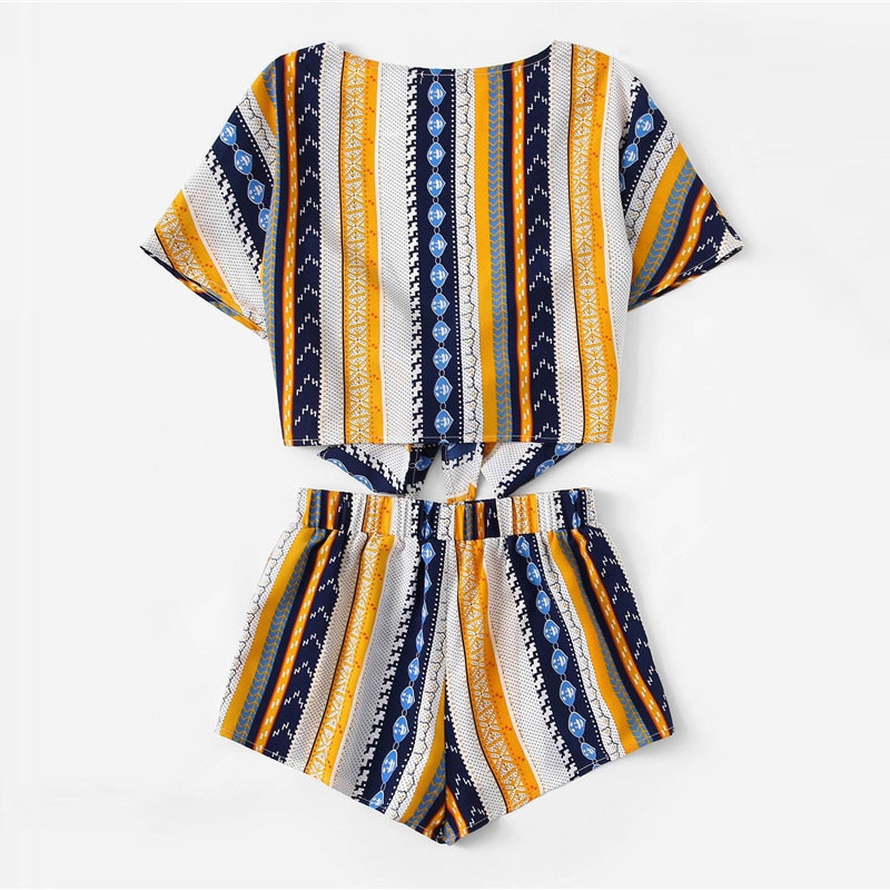 Women Geometric Print Bow Knot Deep V Neck Crop Top And Shorts - Image 2