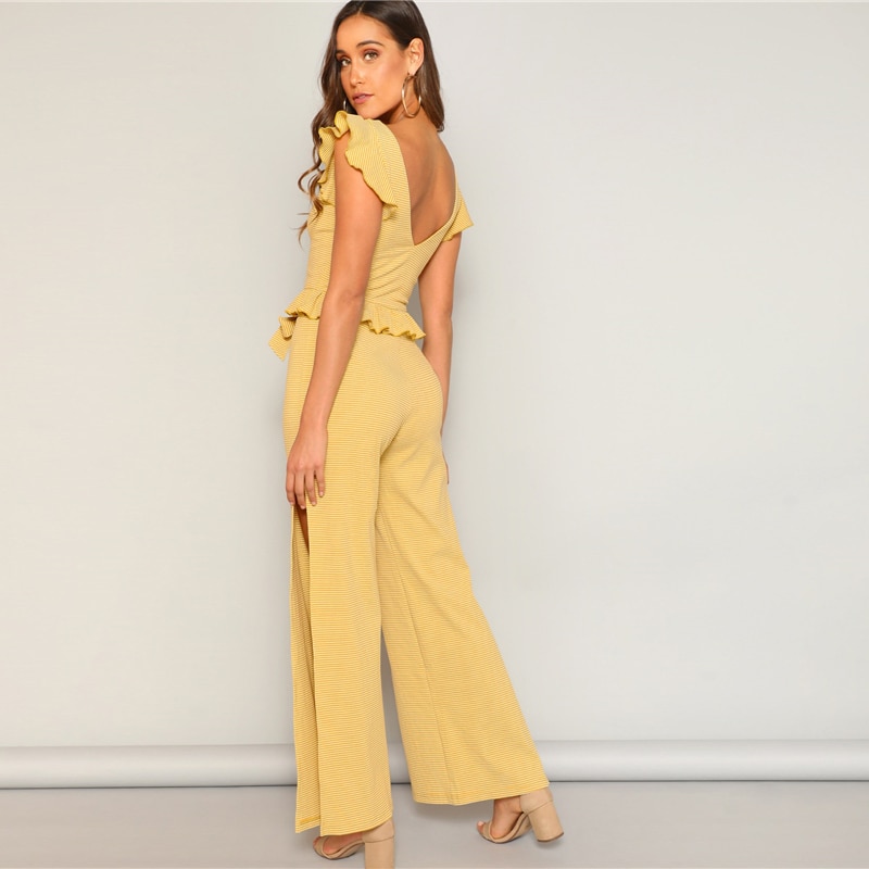 Women Knitted Ruffle Trim Striped Top and High Split Side Wide Leg Pants Set - Image 5