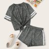 Women Knot Front Marled Side Striped Tshirt Top And Shorts Set