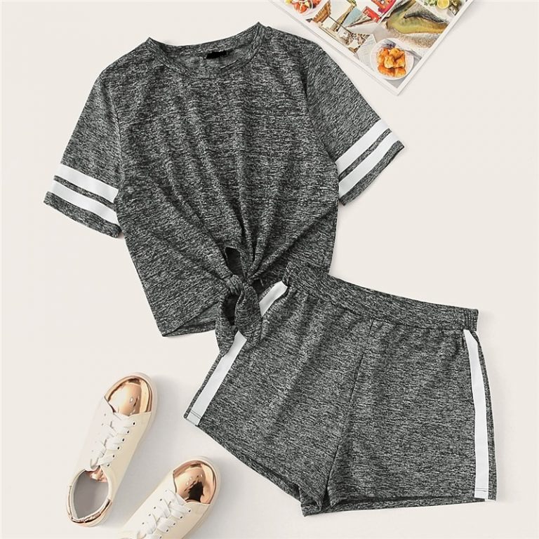 Women Knot Front Marled Side Striped Tshirt Top And Shorts Set