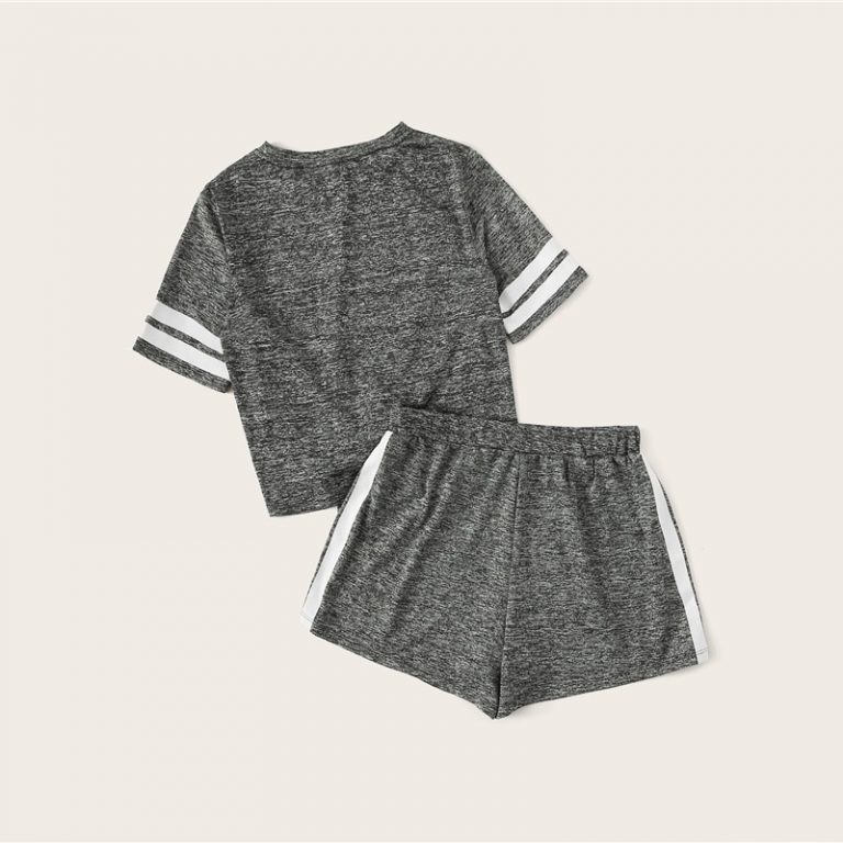 Women Knot Front Marled Side Striped Tshirt Top And Shorts Set - Image 2