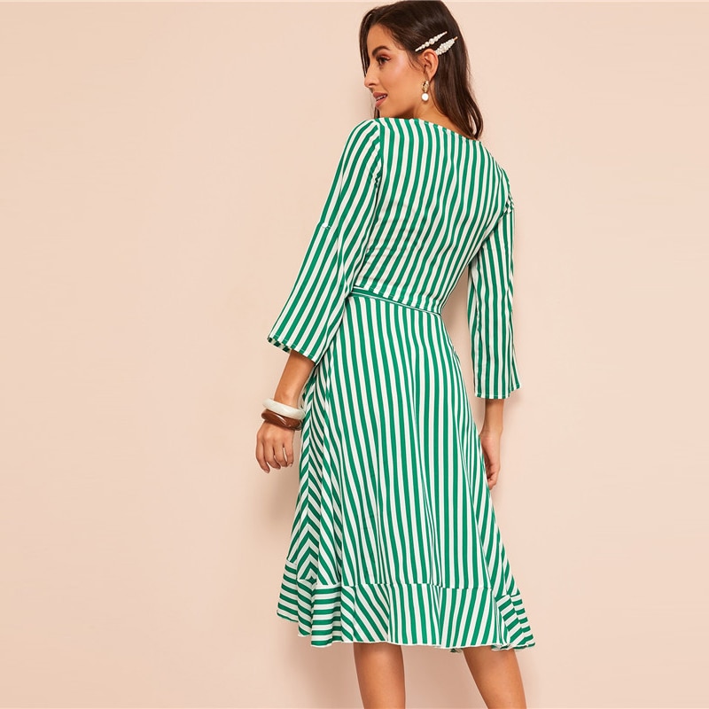 Women Knot Front Roll Sleeve Stripe Crop Top And Skirt - Image 2