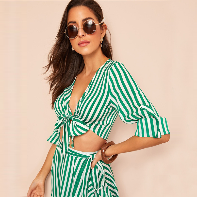 Women Knot Front Roll Sleeve Stripe Crop Top And Skirt - Image 5