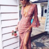 Women Lace Maxi Dress Plunging Neck Bell Sleeve Split Sexy Dress - Image 2