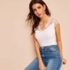 Women Lace Trim Slim Fitted Rib-Knit T Shirt Classy Stretchy Tops - Image 3