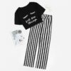 Women Lady Sweet Casual Graphic Crop Tee And Striped Pants