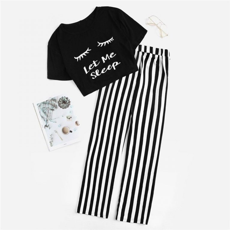 Women Lady Sweet Casual Graphic Crop Tee And Striped Pants